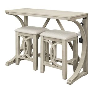 frithjill 3-piece farmhouse wood counter height pub dining set, included a table with usb ports and 2 upholstered stools