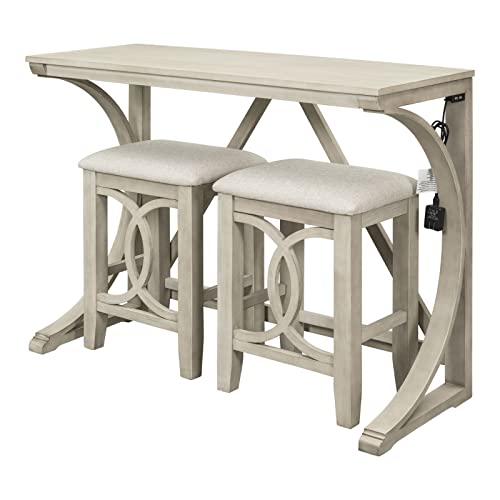 FRITHJILL 3-Piece Farmhouse Wood Counter Height Pub Dining Set, Included a Table with USB Ports and 2 Upholstered Stools