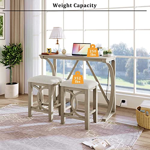 FRITHJILL 3-Piece Farmhouse Wood Counter Height Pub Dining Set, Included a Table with USB Ports and 2 Upholstered Stools