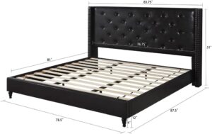 king upholstered platform bed frame with 51" tall headboard - button tufted leather bed - wood slat support with storage space - no box spring needed - easy assembly - black - oliver & smith astor