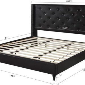 King Upholstered Platform Bed Frame with 51" Tall Headboard - Button Tufted Leather Bed - Wood Slat Support with Storage Space - No Box Spring Needed - Easy Assembly - Black - Oliver & Smith Astor