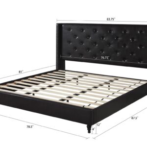 King Upholstered Platform Bed Frame with 51" Tall Headboard - Button Tufted Leather Bed - Wood Slat Support with Storage Space - No Box Spring Needed - Easy Assembly - Black - Oliver & Smith Astor