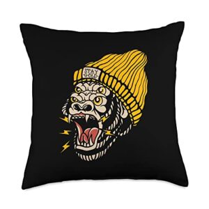 tiger flash tattoo supply co gorilla american traditional tattoo inked old school flash throw pillow, 18x18, multicolor