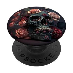 skull and roses floral black dark goth horror skull popsockets standard popgrip