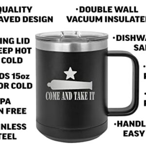 Rogue River Tactical USA Come and Take It Gonzalez Flag Texas Heavy Duty Stainless Steel Black Coffee Mug Tumbler With Lid Novelty Cup Great Gift Idea