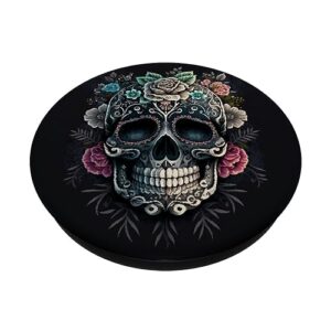 Sugar Skull Floral Pattern Flowers Black Skull PopSockets Standard PopGrip