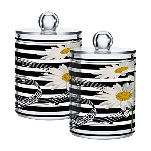 xigua 2 Pack Daisies Music Notes Apothecary Jars with Lid, Qtip Holder Storage Containers for Cotton Ball, Swabs, Pads, Clear Plastic Canisters for Bathroom Vanity Organization (10 Oz)