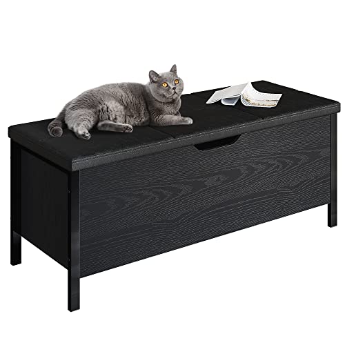 LIKIMIO Storage Ottoman Bench, 43 Inch Wooden Storage Bench with Leather Button Padded Seat for Bedroom End of Bed/Living Room/Entryway, Black