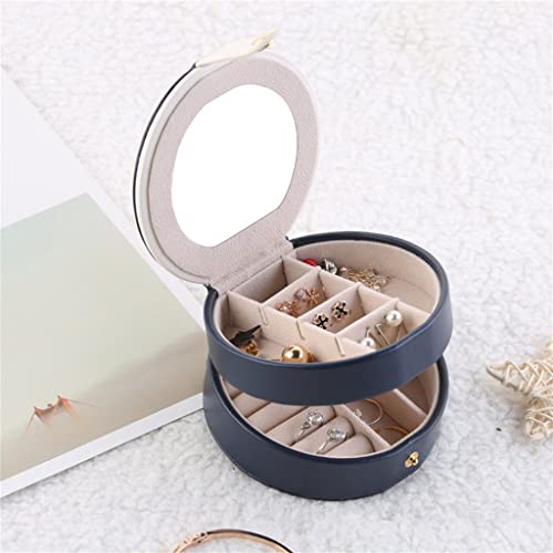 ZSEDP Round Leather Jewelry Box Portable Storage Organizer Earring Holder Zipper Women Jewelry Display Travel Cases ( Color : Blue , Size : As the picture shows )