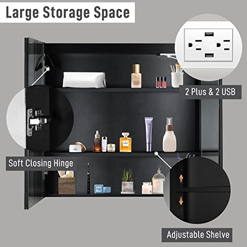 FCH Bathroom Medicine Cabinet with Dimmable LED Mirror, 32"×28" Anti-Fog LED Lighted Mirror Bathroom Cabinet Wall Mounted with 2 Outlets 2 USB Ports 2 Inside and Outside Mirror Doors
