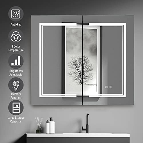 FCH Bathroom Medicine Cabinet with Dimmable LED Mirror, 32"×28" Anti-Fog LED Lighted Mirror Bathroom Cabinet Wall Mounted with 2 Outlets 2 USB Ports 2 Inside and Outside Mirror Doors