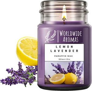 24 oz hand poured lemon lavender scented candle with 150 hour burn time - relaxing and refreshing essential oil aroma for home decor by worldwide aromas (lemon lavender)