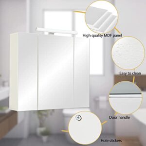 Bathroom Medicine Cabinet with Mirror and Lights 27.6x24 Inch Wall Mounted Mirror Cabinet with Charging Station & Adjustable Storage Shelves Medicine Cabinets Mirror with 3 Doors for bathroom,White