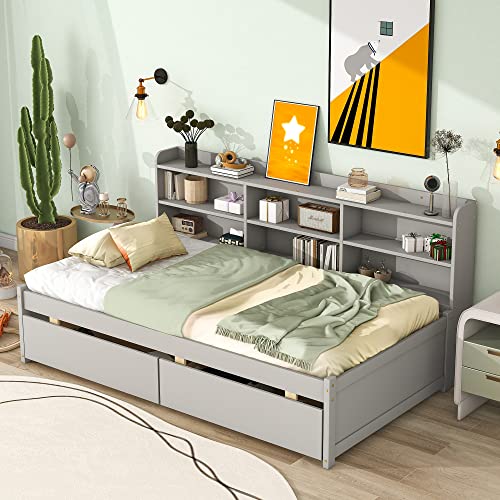 HomSof Twin Bed with Side Bookcase, Drawers,Gray