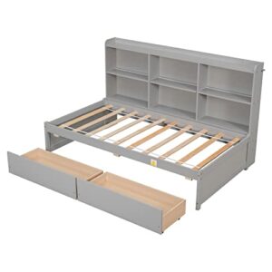 HomSof Twin Bed with Side Bookcase, Drawers,Gray