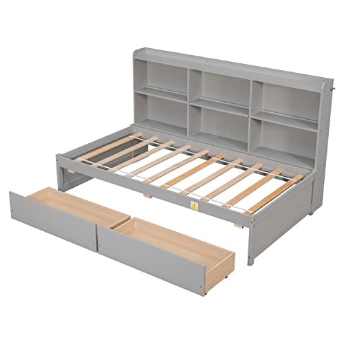 HomSof Twin Bed with Side Bookcase, Drawers,Gray