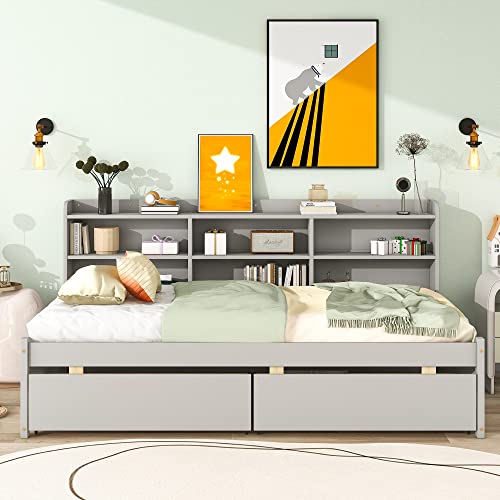 HomSof Twin Bed with Side Bookcase, Drawers,Gray