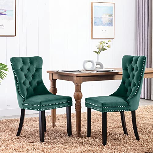 ayoodfo Velvet Dining Chair Set of 2, Upholstered Dining Room Chairs with Nailhead Trim and Back Ring Pull, Modern Luxury Tufted Dining Chairs for Kitchen, Dinning Room, Green