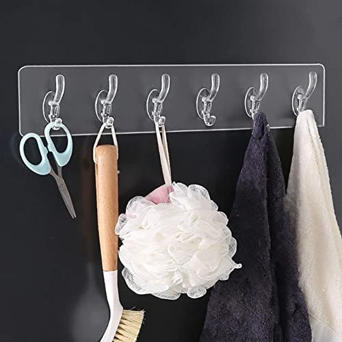 ZUICC Multifunctional Transparent 6 Hooks,Adhesive Row Hooks,Transparent Wall Hooks,Heavy Duty Self Adhesive Hooks,Utility Hooks,Drill-Free Wall Hooks,Kitchen Bathroom Hooks Waterproof Wall Hooks