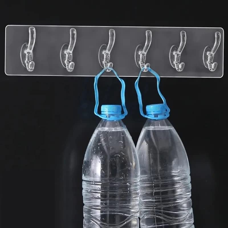 ZUICC Multifunctional Transparent 6 Hooks,Adhesive Row Hooks,Transparent Wall Hooks,Heavy Duty Self Adhesive Hooks,Utility Hooks,Drill-Free Wall Hooks,Kitchen Bathroom Hooks Waterproof Wall Hooks