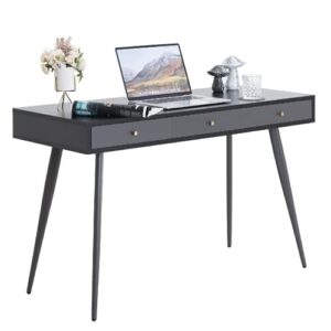jurmalyn 47" mid century modern desk with drawers black computer desk minimalist desk with metal legs for home office, easy assembly (black + dark grey)