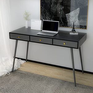 JURMALYN 47" Mid Century Modern Desk with Drawers Black Computer Desk Minimalist Desk with Metal Legs for Home Office, Easy Assembly (Black + Dark Grey)