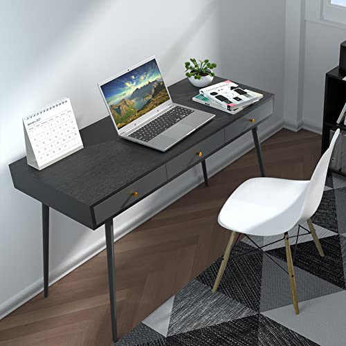 JURMALYN 47" Mid Century Modern Desk with Drawers Black Computer Desk Minimalist Desk with Metal Legs for Home Office, Easy Assembly (Black + Dark Grey)