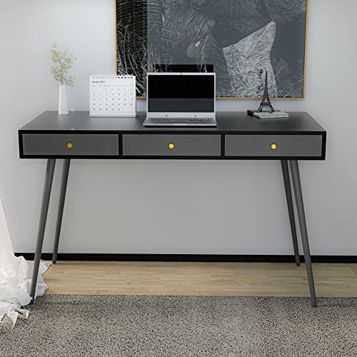 JURMALYN 47" Mid Century Modern Desk with Drawers Black Computer Desk Minimalist Desk with Metal Legs for Home Office, Easy Assembly (Black + Dark Grey)