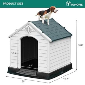 YITAHOME 41'' Large Plastic Dog House Outdoor Indoor Doghouse Puppy Shelter Water Resistant Easy Assembly Sturdy Dog Kennel with Air Vents and Elevated Floor (41''L*38''W*39''H, Gray)