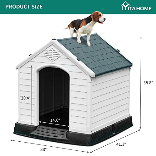 YITAHOME 41'' Large Plastic Dog House Outdoor Indoor Doghouse Puppy Shelter Water Resistant Easy Assembly Sturdy Dog Kennel with Air Vents and Elevated Floor (41''L*38''W*39''H, Gray)