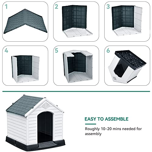 YITAHOME 41'' Large Plastic Dog House Outdoor Indoor Doghouse Puppy Shelter Water Resistant Easy Assembly Sturdy Dog Kennel with Air Vents and Elevated Floor (41''L*38''W*39''H, Gray)