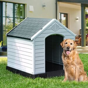 YITAHOME 41'' Large Plastic Dog House Outdoor Indoor Doghouse Puppy Shelter Water Resistant Easy Assembly Sturdy Dog Kennel with Air Vents and Elevated Floor (41''L*38''W*39''H, Gray)