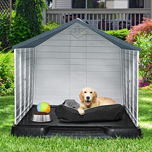 YITAHOME 41'' Large Plastic Dog House Outdoor Indoor Doghouse Puppy Shelter Water Resistant Easy Assembly Sturdy Dog Kennel with Air Vents and Elevated Floor (41''L*38''W*39''H, Gray)