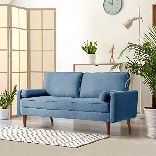 Koorlian 68 inch Dark Blue Couch, Modern Linen Fabric, Button Tufted Seat Cushion, Upholstered Loveseat with Square Armrest, 2 Throw Pillows, Small Sofa for Small Space, Apartment, Dorm, Easy Assembly