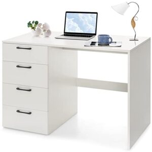 costway white computer desk with 4 large drawers, home office pc desk workstation for writing, modern computer table for bedroom, study, living room