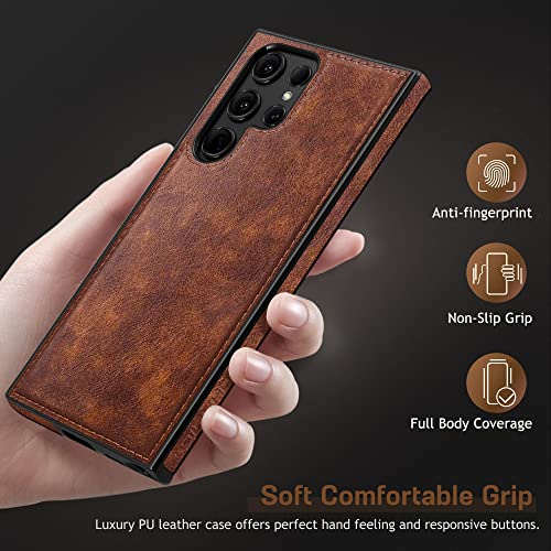 LOHASIC for Galaxy S23 Ultra Case, Premium Leather Luxury Business PU Non-Slip Grip Shockproof Bumper Full Body Protective Cover Phone Cases for Samsung Galaxy S23 Ultra 5G 6.8 inch - Brown