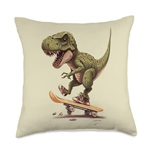 dinosaur apparel for boys and girls skating dinosaur t-rex on skateboard throw pillow, 18x18, multicolor