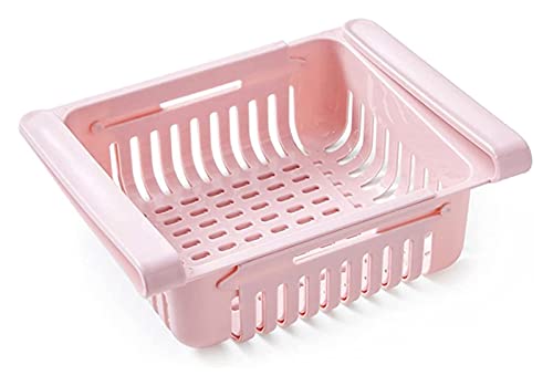 TIST Retractable Fridge Drawer Organizer Basket, Vegetable Drain Basket Fruit Cleaning Storage Box Fridge Hanging Organizer (Color : Pink)