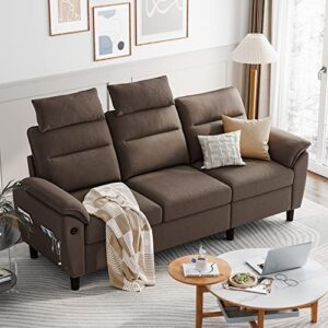 linsy home sectional sofa couch, 3 seat small couch with 2 usb ports and storage pockets, easy to clean, modern small sofa for small spaces, living room, apartment, brown