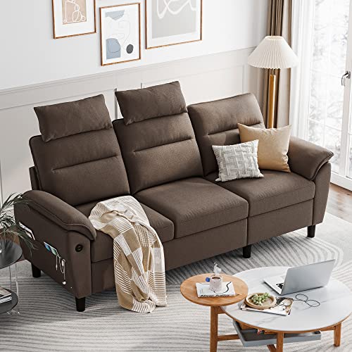 LINSY HOME Sectional Sofa Couch, 3 Seat Small Couch with 2 USB Ports and Storage Pockets, Easy to Clean, Modern Small Sofa for Small Spaces, Living Room, Apartment, Brown