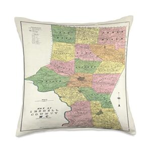 old statesville north carolina regional atlas vintage iredell county nc map (1917) throw pillow, 18x18, multicolor