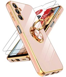 leyi for samsung galaxy a14 5g case with tempered glass screen protector [2 pack] 360° rotatable ring holder magnetic kickstand, plating rose gold edge protective case, pink