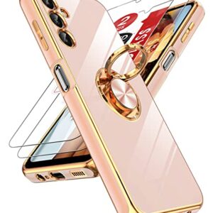 LeYi for Samsung Galaxy A14 5G Case with Tempered Glass Screen Protector [2 Pack] 360° Rotatable Ring Holder Magnetic Kickstand, Plating Rose Gold Edge Protective Case, Pink