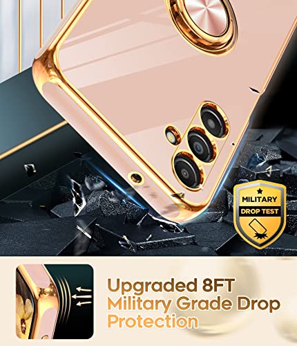 LeYi for Samsung Galaxy A14 5G Case with Tempered Glass Screen Protector [2 Pack] 360° Rotatable Ring Holder Magnetic Kickstand, Plating Rose Gold Edge Protective Case, Pink