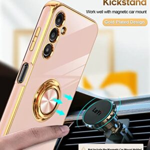 LeYi for Samsung Galaxy A14 5G Case with Tempered Glass Screen Protector [2 Pack] 360° Rotatable Ring Holder Magnetic Kickstand, Plating Rose Gold Edge Protective Case, Pink