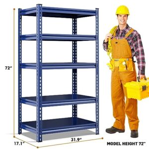 REIBII 72" Garage Shelving Heavy Duty Garage Storage Shelves Load 1700LBS Adjustable Heavy Duty Shelving 5 Tier Metal Shelving for Storage Industrial Shelving 31.9" W x 17.1" D x 72" H Blue 2 Pack