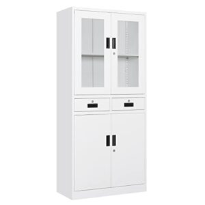 peukc kitchen pantry cabinet, 71" freestanding kitchen pantry storage cabinet with drawer and adjustable shelves, metal tall pantry cabinet cupborad with glasses doors, white