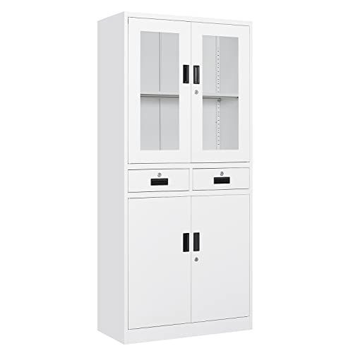 PEUKC Kitchen Pantry Cabinet, 71" Freestanding Kitchen Pantry Storage Cabinet with Drawer and Adjustable Shelves, Metal Tall Pantry Cabinet Cupborad with Glasses Doors, White