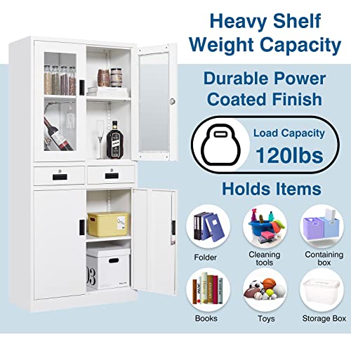 PEUKC Kitchen Pantry Cabinet, 71" Freestanding Kitchen Pantry Storage Cabinet with Drawer and Adjustable Shelves, Metal Tall Pantry Cabinet Cupborad with Glasses Doors, White