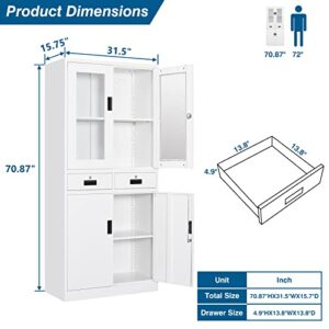 PEUKC Kitchen Pantry Cabinet, 71" Freestanding Kitchen Pantry Storage Cabinet with Drawer and Adjustable Shelves, Metal Tall Pantry Cabinet Cupborad with Glasses Doors, White